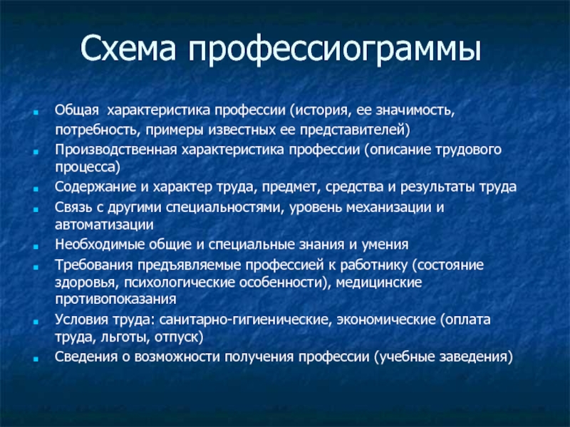 Профессия и ее описание. Общая характеристика профессии. Производственная характеристика профессии. Схема профессиограммы. Производительная характеристика профессии.