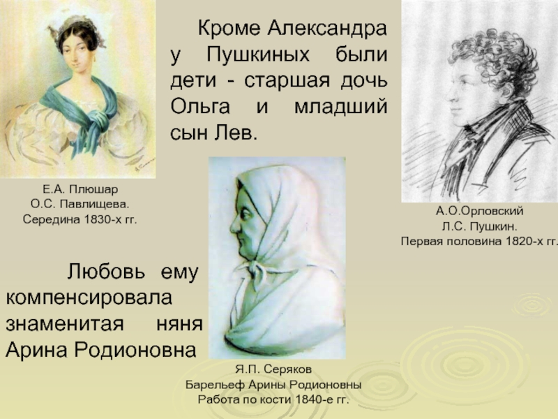 Кроме Александра у Пушкиных были дети - старшая дочь Ольга и младший сын Лев.