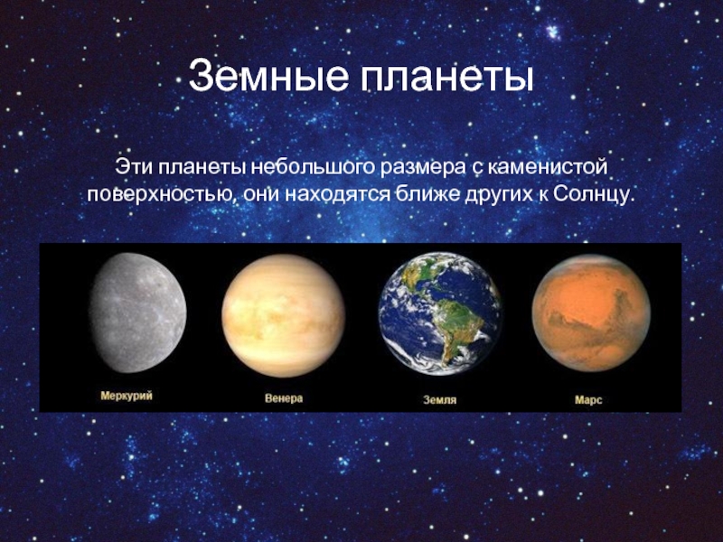 Земные планеты  Эти планеты небольшого размера с каменистой поверхностью, они находятся ближе других к Солнцу.