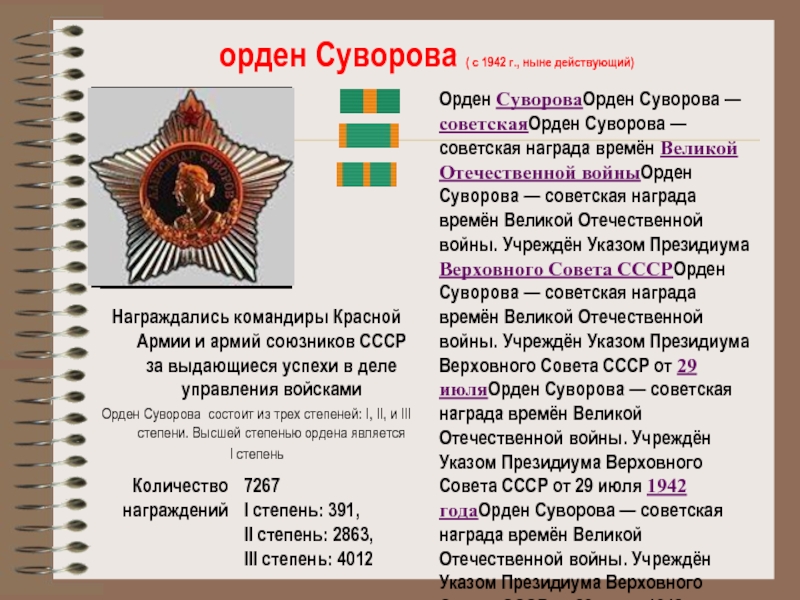 орден Суворова ( с 1942 г., ныне действующий)Награждались командиры Красной Армии и армий союзников СССР за выдающиеся