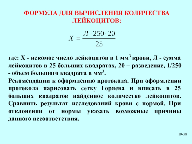 Формула 19. Методика подсчета лейкоцитов. Формула подсчета лейкоцитов. Определение количества лейкоцитов в крови. Методика определения лейкоцитов.