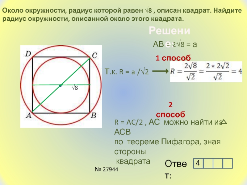Найдите площадь квадрата если радиус описанной окружности. Радиус окружности описанной около квадрата равен.