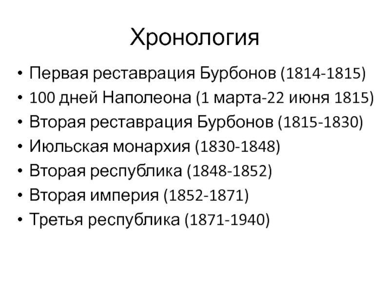 Политическая хронология. Франция 1814-1830. Основные события реставрации 1814-1830. 1814 – Реставрация Бурбонов.. 1814 1830 Основные события.