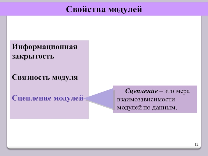 Это свойство дает информацию о содержании. Информационная закрытость модуля. Связность модулей. Характеристика связности модуля. Модуль сцепления.