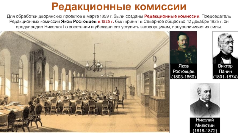 Для обработки дворянских проектов в марте 1859 г. были созданы Редакционные комиссии. Председатель Редакционных комиссий Яков Ростовцев