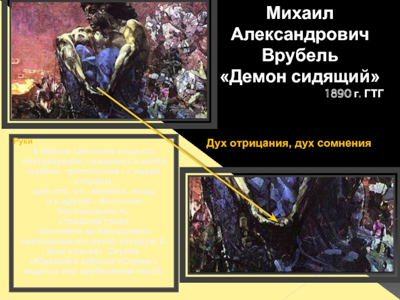 Михаил  Александрович  Врубель«Демон сидящий»1890 г. ГТГРукиВ образе «Демона» сошлись противоречия, соединись в нечто глубоко трагическое