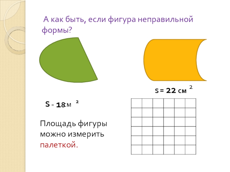 А как быть, если фигура неправильной формы?Площадь фигуры можно измерить палеткой.S =    см
