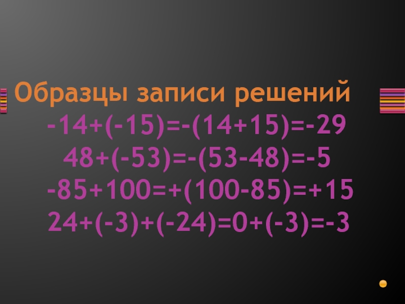 Образцы записи решений   -14+(-15)=-(14+15)=-29    48+(-53)=-(53-48)=-5   -85+100=+(100-85)=+15   24+(-3)+(-24)=0+(-3)=-3