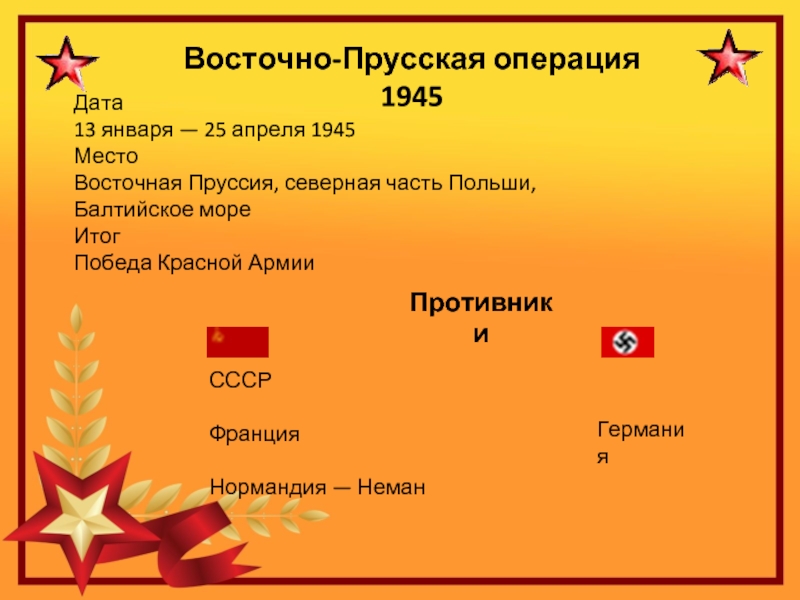 Дата	13 января — 25 апреля 1945Место	Восточная Пруссия, северная часть Польши, Балтийское мореИтог	Победа Красной АрмииВосточно-Прусская операция 1945ПротивникиСССРФранция Нормандия