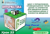 Урок 55
Розділ 6 § 6.7
Цикл з передумовою. Співвідношення типів даних та