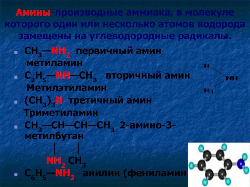 Анилин гидроксид меди 2. Метиламин первичный Амин. Амины производные в молекулах которых один или несколько атомов. Nh2 радикал. Производные аммиака в молекулах которых атом водорода.
