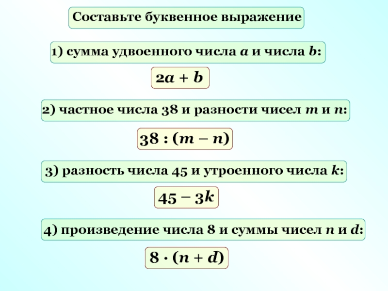 Разность между четвертым и первым. Буквенные выражения. Буквенное выражение (сумма). Составление буквенных выражений. Произведение суммы чисел.