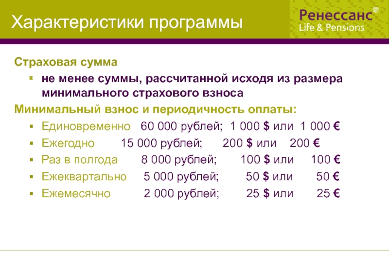 Программа рубли. Регулярность выплат страхового взноса. Минимальный страховой взнос.