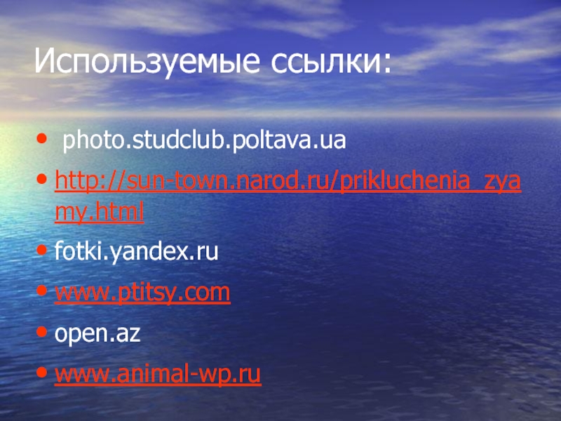 Используемые ссылки: photo.studclub.poltava.ua http://sun-town.narod.ru/prikluchenia_zyamy.htmlfotki.yandex.ru www.ptitsy.comopen.az www.animal-wp.ru