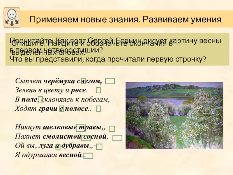 Есенин сыплет черемуха снегом средства художественной выразительности. В первом четверостишии. Сыплет черемуха снегом зелень цвету и росе в поле склоняясь к побегам. Никнут шелковые травы пахнет смолистой сосной стих. Черемуха найти в тексте существительные.