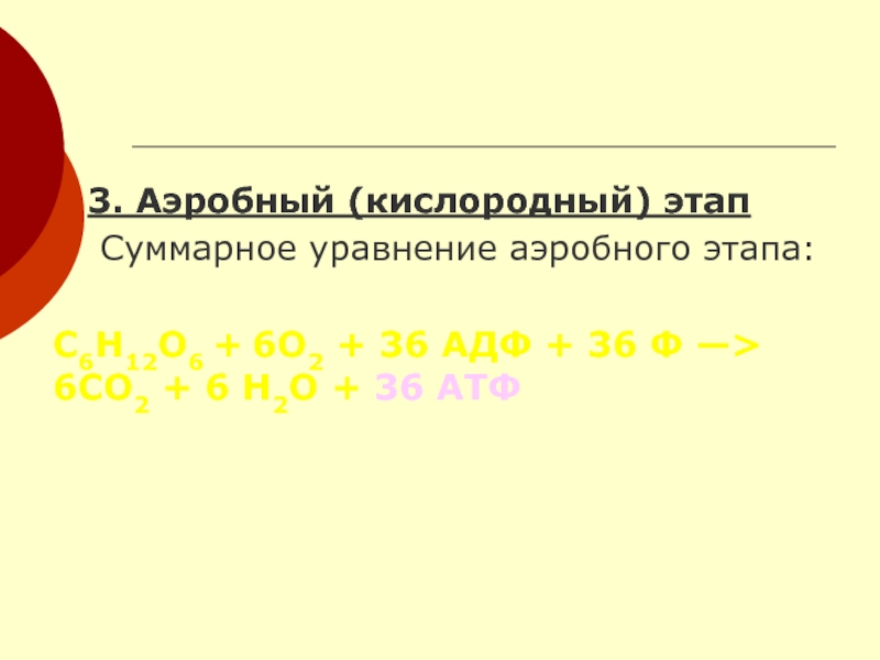 3. Аэробный (кислородный) этап  Суммарное уравнение аэробного этапа:С6Н12О6 + 6О2 + 36 АДФ +