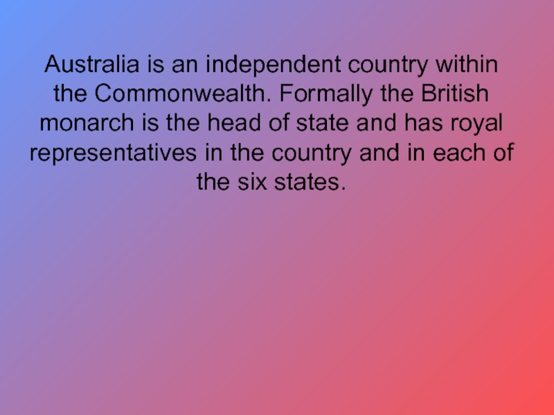 Political System of Australia. The head of State in Australia is. Independent country