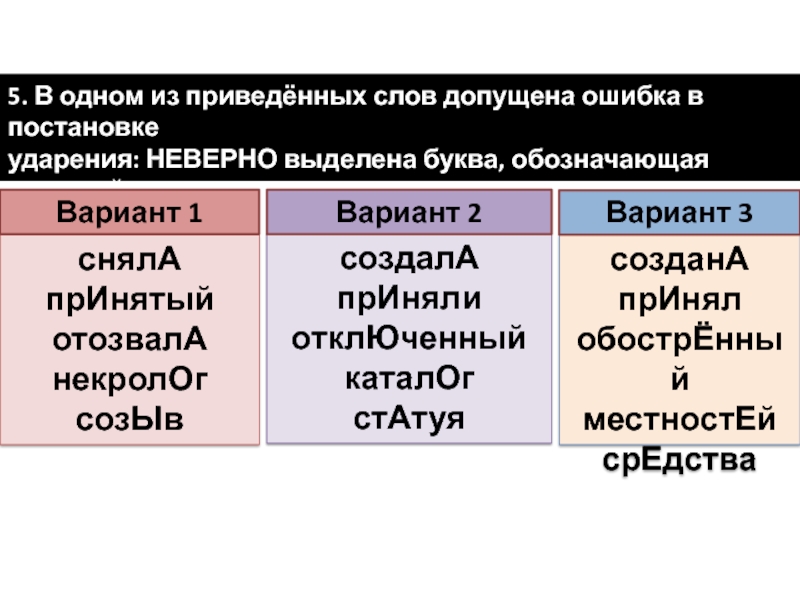 5. В одном из приведённых слов допущена ошибка в постановке ударения: НЕВЕРНО выделена буква, обозначающая ударный гласный