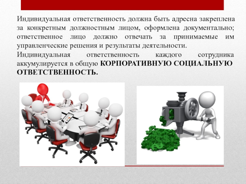 Индивидуальная ответственность должна быть адресна закреплена за конкретным должностным лицом, оформлена документально; ответственное лицо должно отвечать за