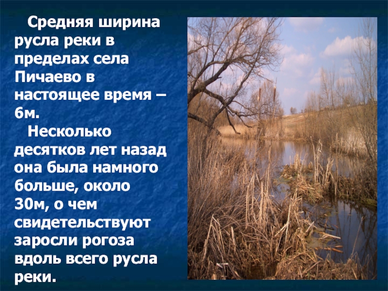 Средняя ширина русла реки в пределах села Пичаево в настоящее время – 6м.  Несколько
