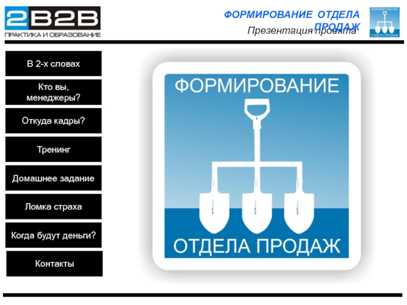 Презентация Презентация проекта
ФОРМИРОВАНИЕ ОТДЕЛА ПРОДАЖ
В 2-х словах
Кто вы,
м