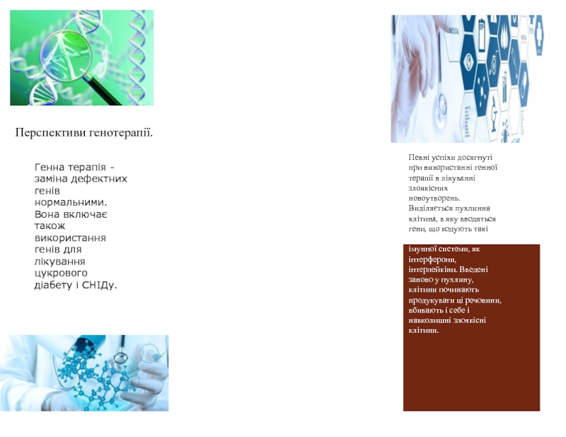 Перспективи генотерапії.
Генна терапія - заміна дефектних генів нормальними