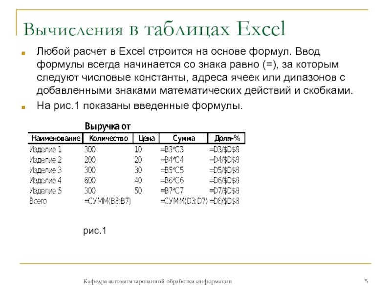 Вычисления в таблицах Excel Любой расчет в Excel строится на основе формул. Ввод формулы всегда начинается со