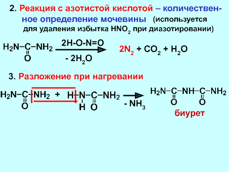 Напишите реакцию концентрированной азотной кислоты с цинком. Взаимодействие мочевины с азотной кислотой. Разложение мочевины при нагревании.