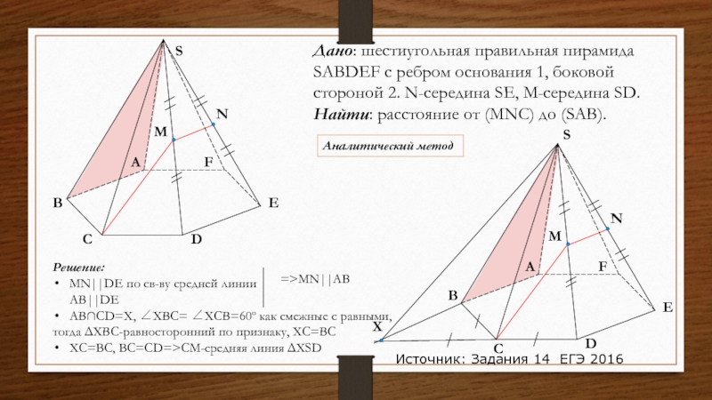 Дано: шестиугольная правильная пирамида SABDEF с ребром основания 1, боковой стороной 2. N-середина SE, M-середина SD.Найти: расстояние