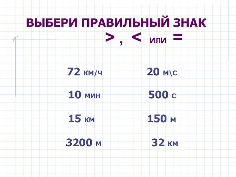 Выберите ч. 3200 М =32 км. Выбери правильные знаки -(-1) 1. Что больше км или м. 500мин.