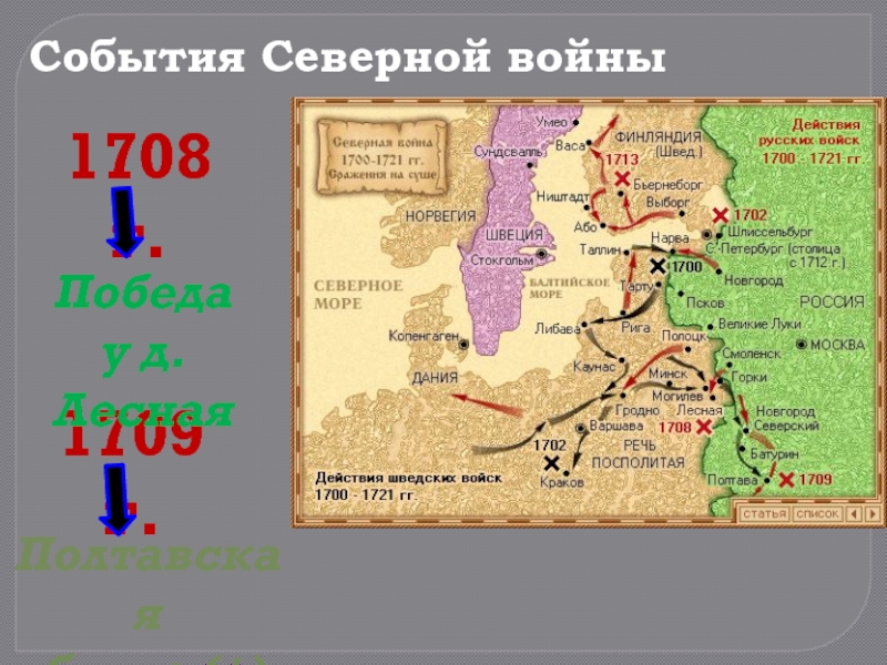 События Северной войны1708 г.1709 г.Победа у д.ЛеснаяПолтавская битва (+)