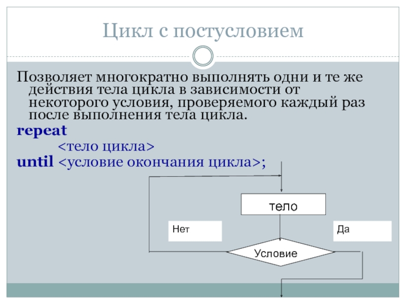 Цикл зависимости. Оператор цикла с постусловием в Паскале. Особенность цикла с постусловием. Цикл с постусловием записывается в виде:. Цикл с постусловием c++.