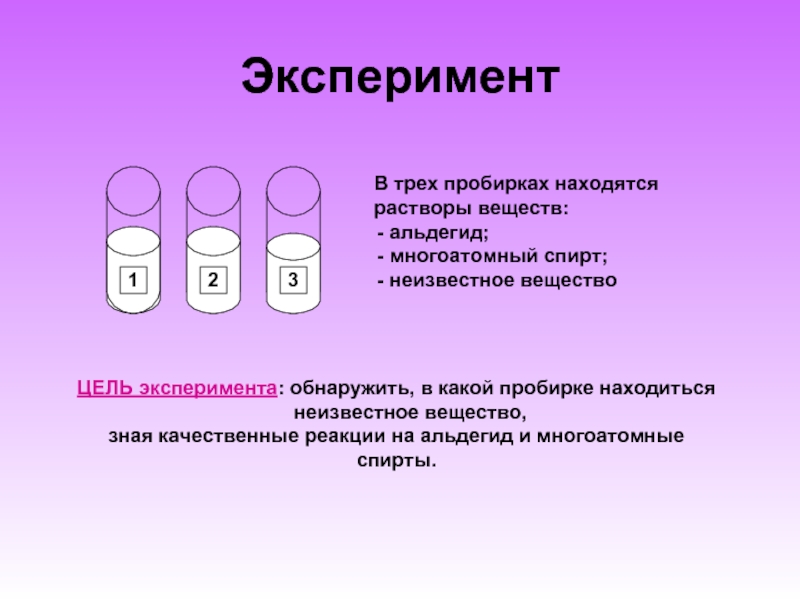 Эксперимент123В трех пробирках находятсярастворы веществ: альдегид; многоатомный спирт; неизвестное вещество    ЦЕЛЬ эксперимента: обнаружить, в