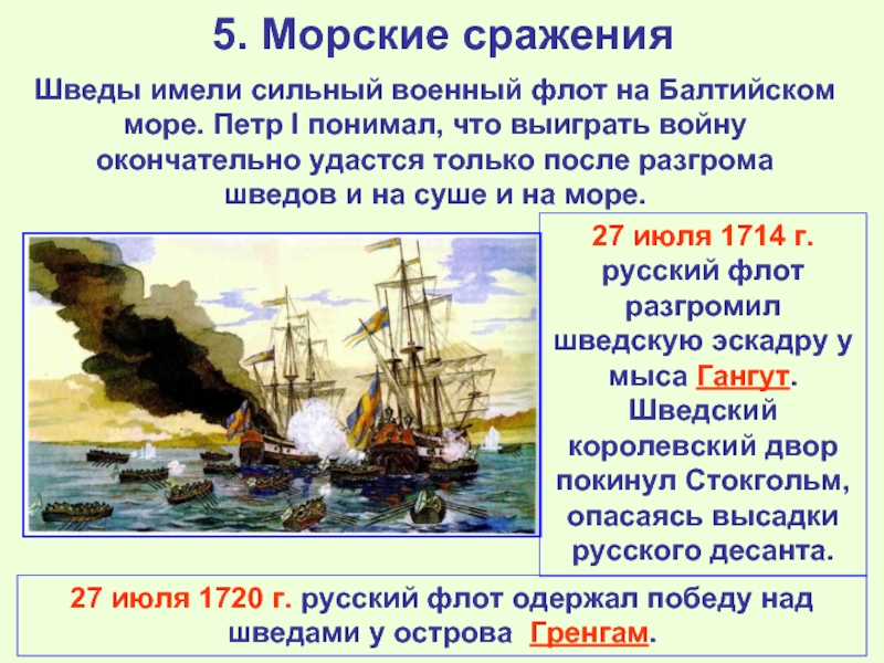 5. Морские сраженияШведы имели сильный военный флот на Балтийском море. Петр I понимал, что выиграть войну окончательно