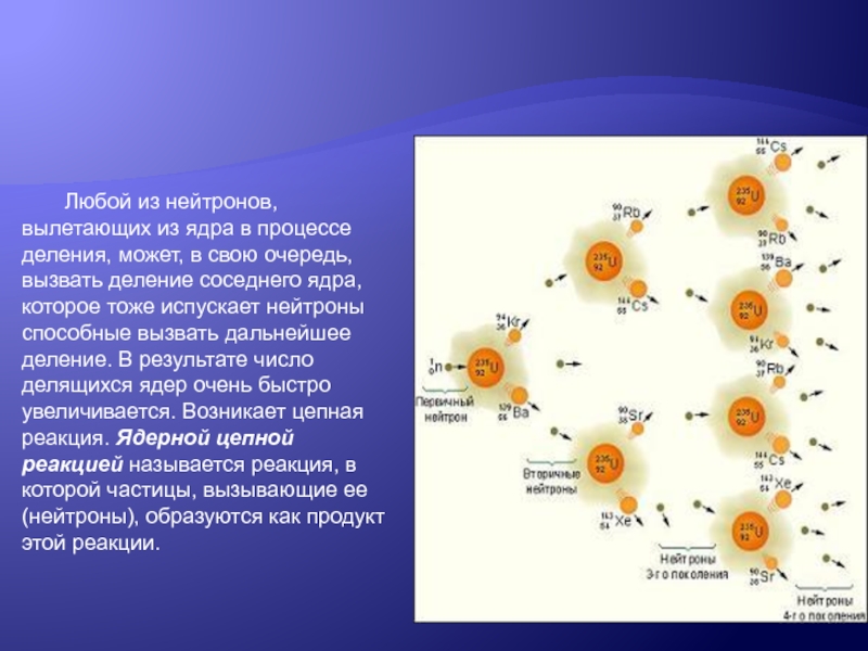 Любой из нейтронов, вылетающих из ядра в процессе деления, может, в свою очередь, вызвать деление соседнего ядра,