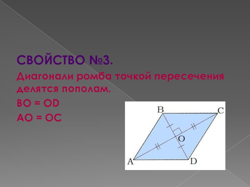 СВОЙСТВО №3.Диагонали ромба точкой пересечения делятся пополам.BO = ODAO = OC