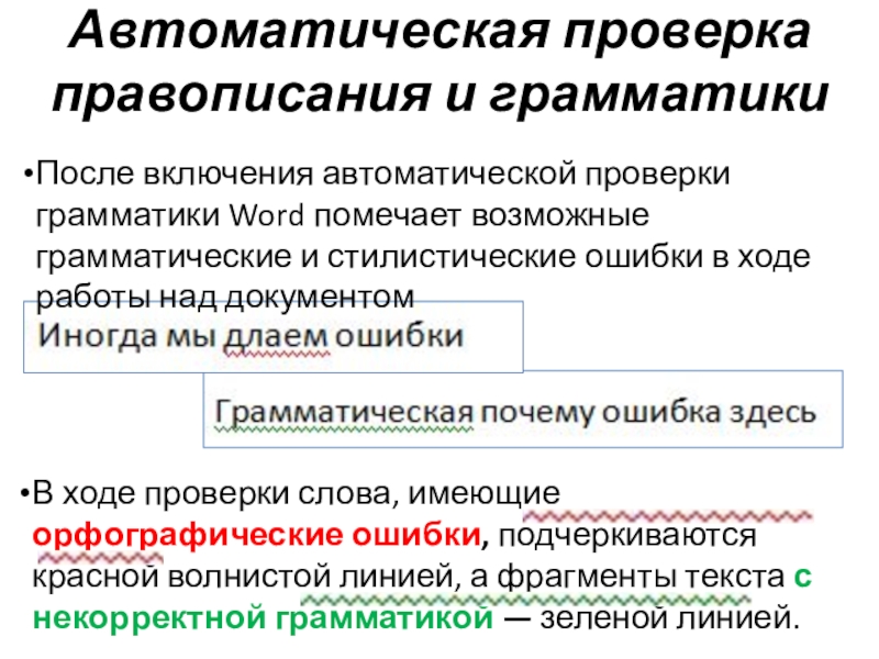 В ходе проверки слова, имеющие орфографические ошибки, подчеркиваются красной волнистой линией, а фрагменты текста с некорректной грамматикой