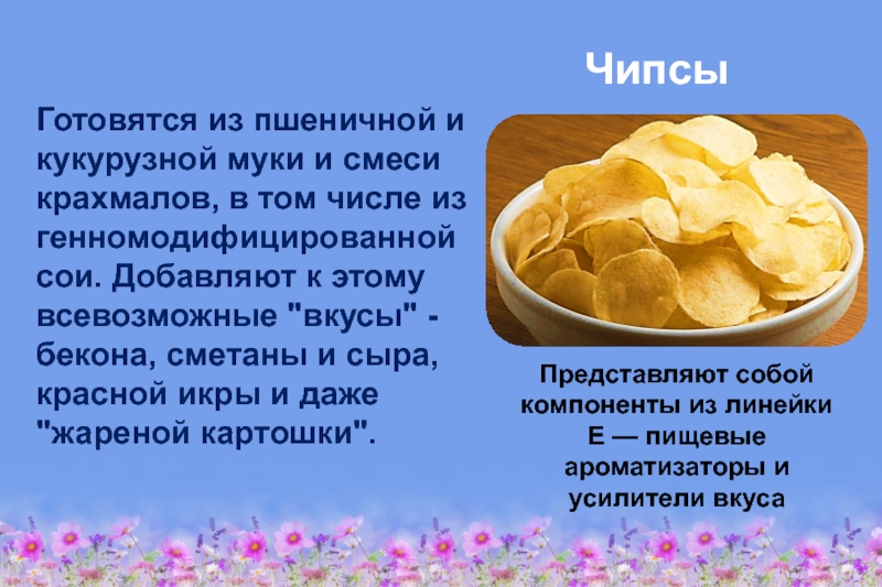 Здоровое питание – активное долголетие ЧипсыПредставляют собой компоненты из линейки E — пищевые ароматизаторы и усилители ЧипсыПредставляют собой компоненты из линейки E — пищевые ароматизаторы и усилители вкуса Готовятся из пшеничной и кукурузной