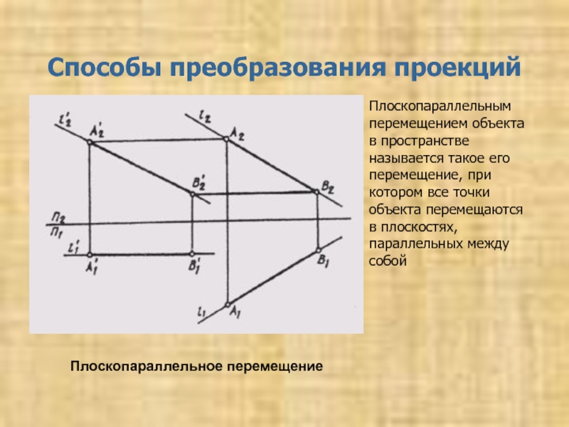 Найти проекцию прямой. Плоскопараллельное перемещение Начертательная геометрия. Способ плоскопараллельного перемещения прямой. Способы преобразования проекций Инженерная Графика. Метод перемещения плоскостей проекции.