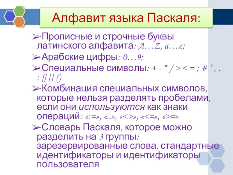 Опишите четыре группы символов образующих алфавит паскаль