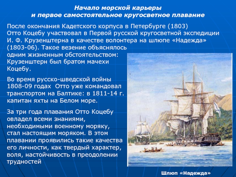 Начало морской карьеры и первое самостоятельное кругосветное плавание После окончания Кадетского корпуса в Петербурге (1803) Отто Коцебу