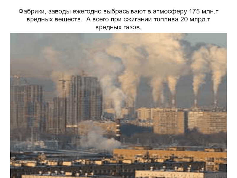 Фабрики, заводы ежегодно выбрасывают в атмосферу 175 млн.т вредных веществ. А всего при сжигании топлива 20 млрд.т