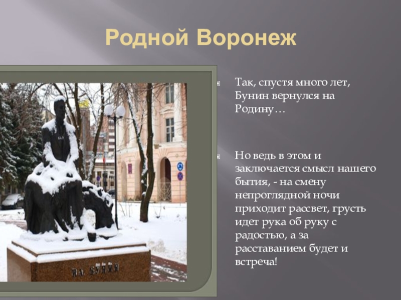 Родной воронеж текст. Бунин и Воронеж презентация. Ночи теплы и непроглядны Бунин.