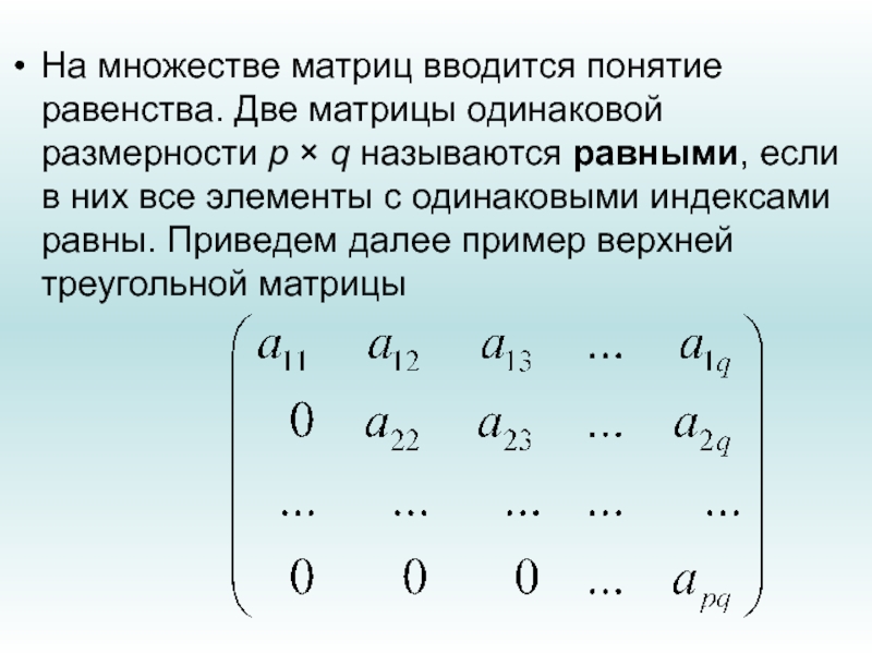 Одинаковые матрицы. Верхнетреугольные матрицы. Треугольная квадратная матрица. Нижняя треугольная матрица. Множество матриц.