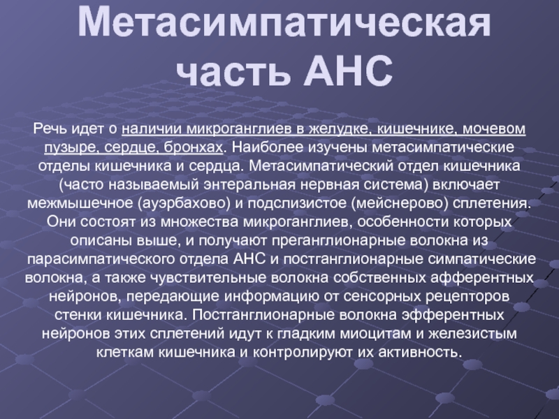 Наиболее изучены. Метасимпатический отдел анс. Метасимпатическая система сердца. Нейромедиаторы метасимпатического отдела анс. Функции метасимпатического отдела анс.