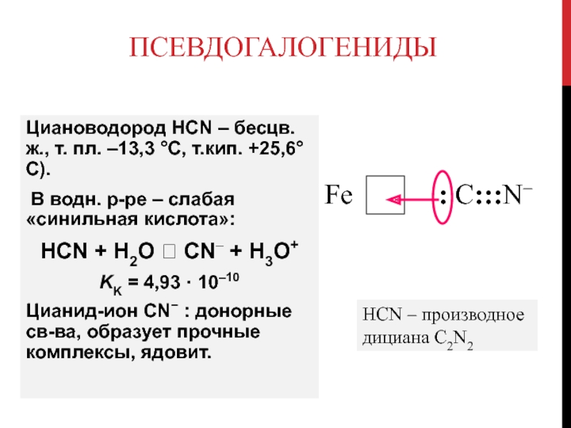 Псевдогалогениды Циановодород HCN – бесцв.ж., т. пл. –13,3 С, т.кип. +25,6С). В водн. р-ре – слабая «синильная