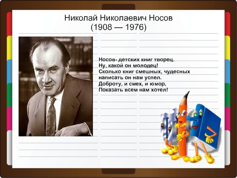 Николай Николаевич Носов (1908 — 1976)Носов- детских книг творец.Ну, какой он молодец!Сколько книг смешных, чудесныхнаписать он нам
