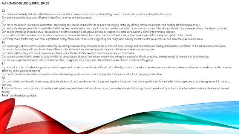 Новая версия Общеевропейских компетенций владения иностранным языком (2018): FACILITATING PLURICULTURAL SPACEC2Can mediate effectively and naturally between members of his/her FACILITATING PLURICULTURAL SPACEC2Can mediate effectively and naturally between members of his/her own and other communities, taking account