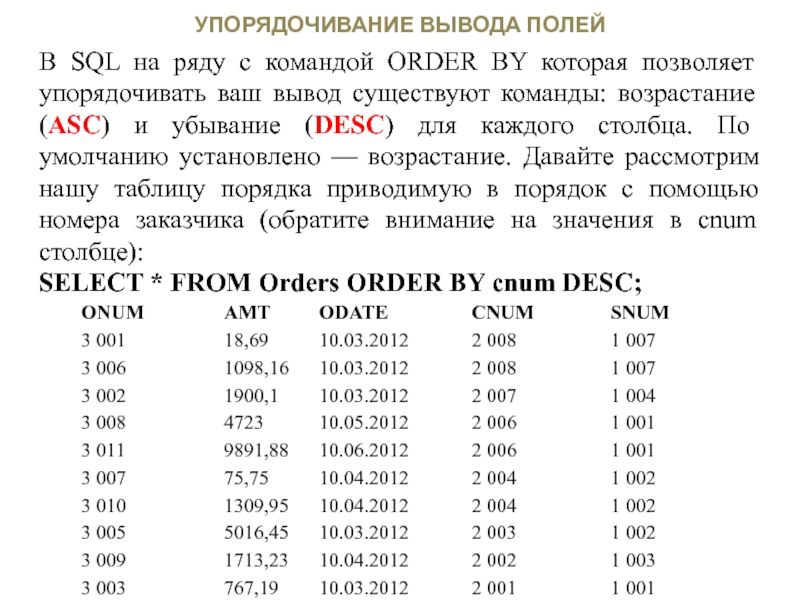 Вывести поля таблицы sql. Desc и ASC вывод. Таблица АСЦ ДЕСЦ. Командой order (порядок).. Desc - по убыванию (), ASC - по возрастанию..