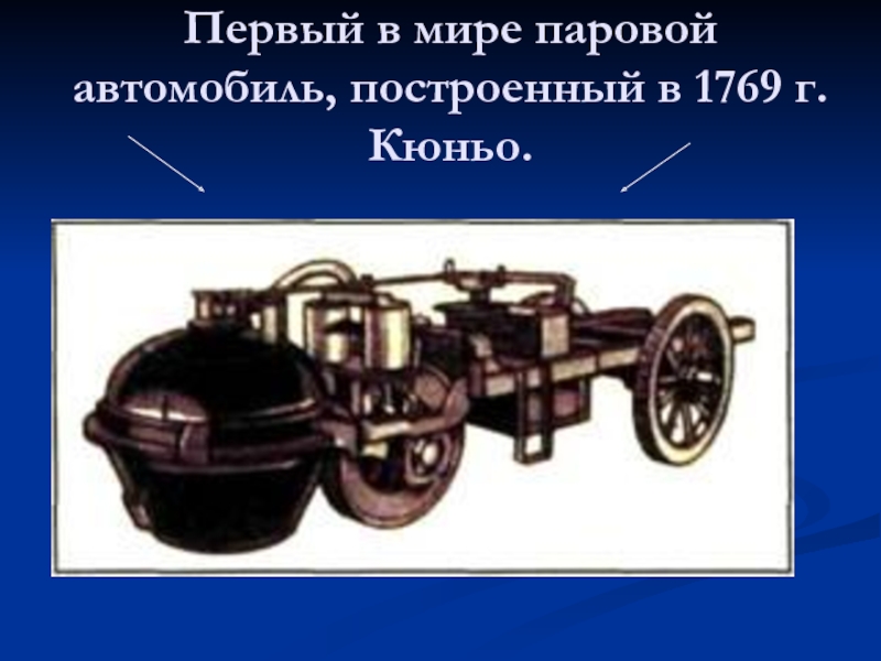 Первый в мире паровой автомобиль, построенный в 1769 г. Кюньо.